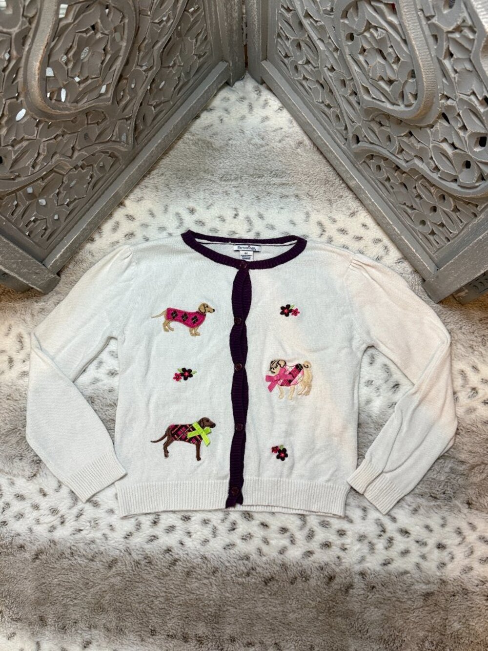 Hartstrings button up cardigan girls size 6 floral dogs preppy school winter